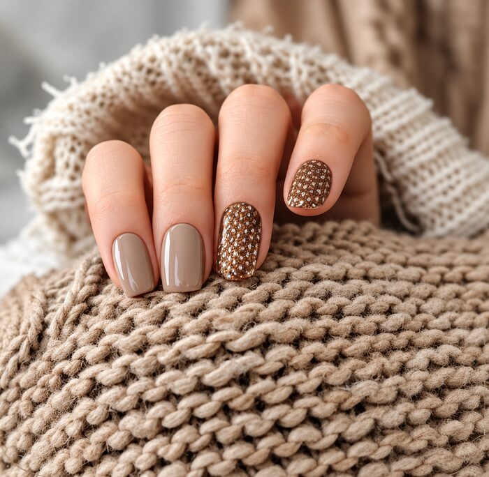 Short mocha gel nails with bronze glitter accent nails