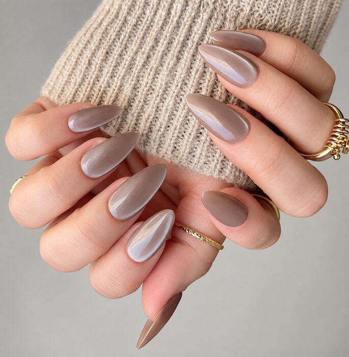 Mauve-grey chrome on long almond nails