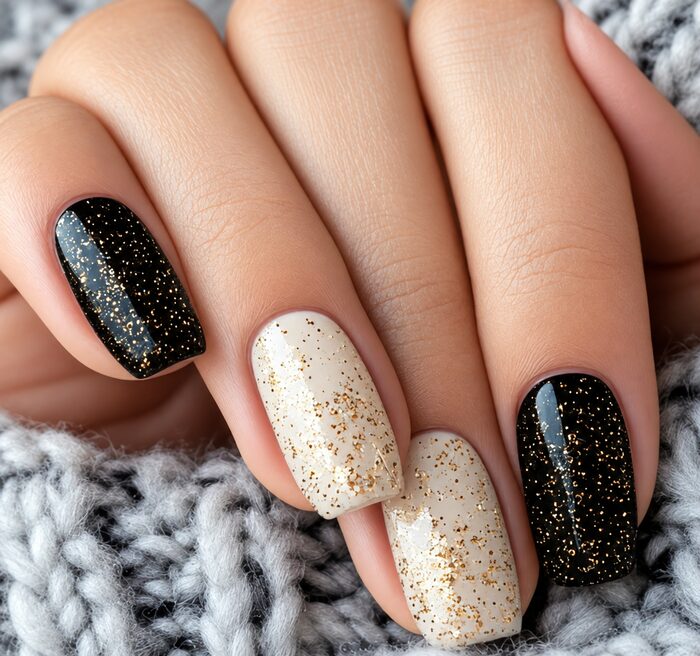 Black and cream glitter nails flecked with gold