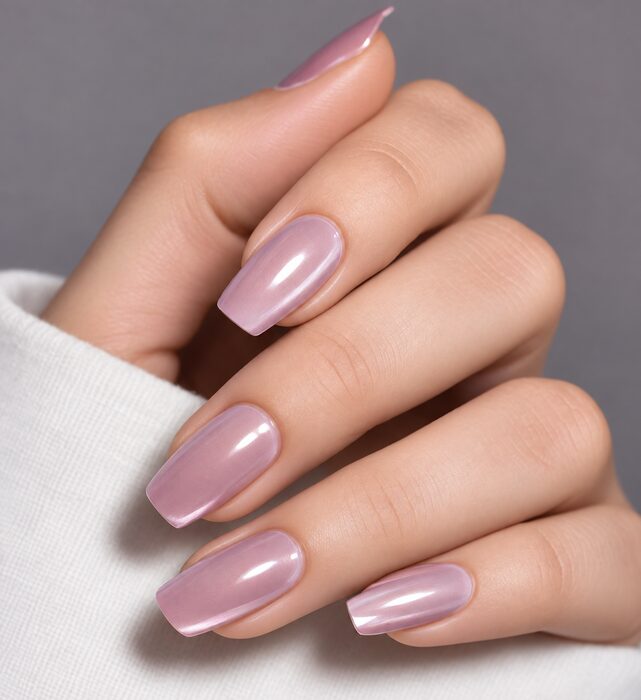 Soft mauve gel on square nails with a high-shine finish
