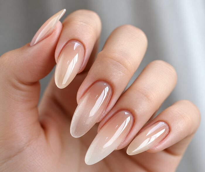 Nude-to-white ombré on long almond nails