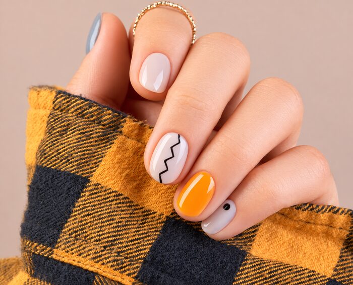 Autumn nail art in grey, cream and orange with a hand-drawn zigzag