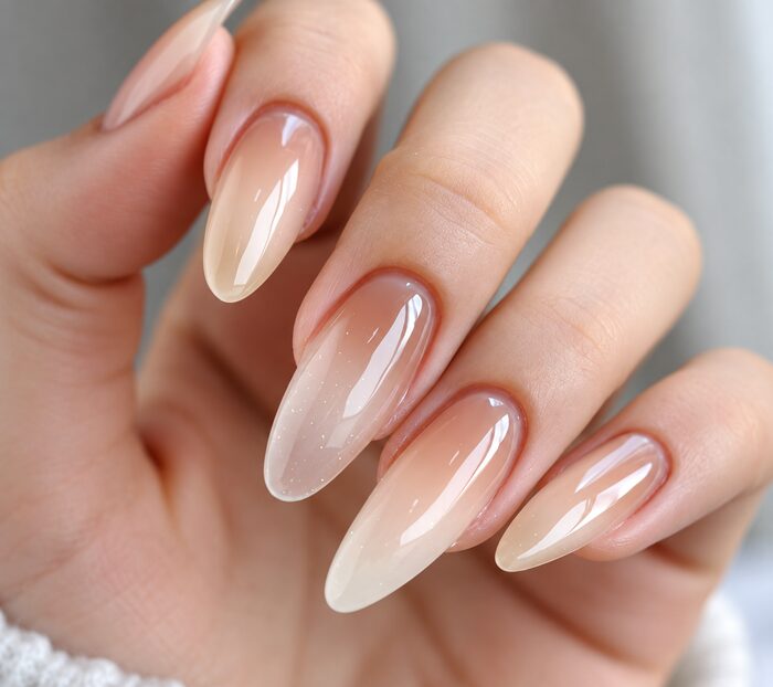 Baby boomer ombré, pink fading to white, on almond nails